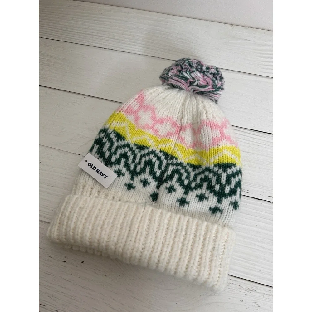 Old Navy White Knit Winter Hat Pom Pom Pink Green Yellow One Size NWT